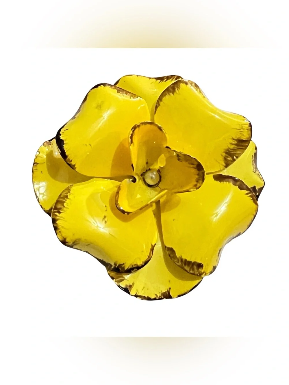 Yellow Enamel Flower Brooch with Brown Accents Hippie Flower Power